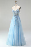 Sky Blue Corset Sheer Floral Appliques A-Line Sequins Strapless Long Prom Dress with Side Slit