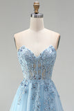 Sky Blue Corset Sheer Floral Appliques A-Line Sequins Strapless Long Prom Dress with Side Slit