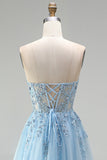 Sky Blue Corset Sheer Floral Appliques A-Line Sequins Strapless Long Prom Dress with Side Slit