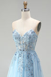 Sky Blue Corset Sheer Floral Appliques A-Line Sequins Strapless Long Prom Dress with Side Slit