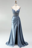 Grey Blue Mermaid Rhinestone Corset Sheer Ruched Satin Spaghetti Straps Long Prom Dress with Slit