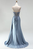 Grey Blue Mermaid Rhinestone Corset Sheer Ruched Satin Spaghetti Straps Long Prom Dress with Slit