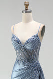 Grey Blue Mermaid Rhinestone Corset Sheer Ruched Satin Spaghetti Straps Long Prom Dress with Slit