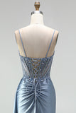 Grey Blue Mermaid Rhinestone Corset Sheer Ruched Satin Spaghetti Straps Long Prom Dress with Slit