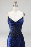 Royal Blue Cowl Neck Corset Sheer Floral Satin Ruched Sequins Long Prom Dress with Slit