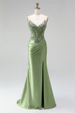 Green Corset Mermaid V-Neck Rhinestone Sheer Satin Ruched Beaded Long Prom Dress with Slit