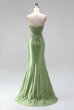 Green Corset Mermaid V-Neck Rhinestone Sheer Satin Ruched Beaded Long Prom Dress with Slit
