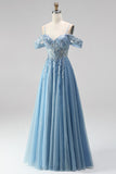 Glitter Dusty Blue Cold Shoulder A-Line Corset Sheer Sequins Long Prom Dress with Appliques