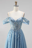 Glitter Dusty Blue Cold Shoulder A-Line Corset Sheer Sequins Long Prom Dress with Appliques