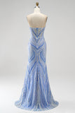 Blue Strapless Sequins Beaded Mermaid Long Prom Dress with Slit