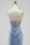 Blue Strapless Sequins Beaded Mermaid Long Prom Dress with Slit