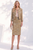 Golden Tweed Single Breasted Long Sleeves Work Dress with Pockets