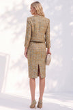 Golden Tweed Single Breasted Long Sleeves Work Dress with Pockets