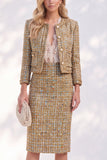 Golden Tweed Single Breasted Long Sleeves Work Dress with Pockets