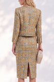 Golden Tweed Single Breasted Long Sleeves Work Dress with Pockets