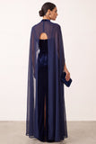 Navy Velvet Sheath High Neck Spaghetti Straps Long Formal Dress with Chiffon Cape