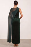 Dark Green Bateau Neck Velvet Sheath Beaded One Shoulder Long Holiday Party Dress with Chiffon Cape