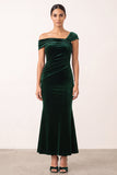 Dark Green Velvet Mermaid Asymmetrical One Shouldr Ruched Midi Holiday Dress