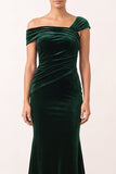 Dark Green Velvet Mermaid Asymmetrical One Shouldr Ruched Midi Holiday Dress
