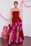 Sparkly Red A-Line Strapless Sequins High Low Tiered Ruffled Satin Holiday Party Dress