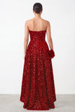 Sparkly Red A-Line Strapless Sequins High Low Tiered Ruffled Satin Holiday Party Dress