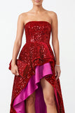 Sparkly Red A-Line Strapless Sequins High Low Tiered Ruffled Satin Holiday Party Dress
