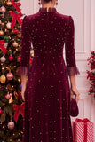 Burgundy Velvet A-Line Pearls High Ruffled Mock Neck Midi Christmas Holiday Party Dress with 3/4 Sleeves