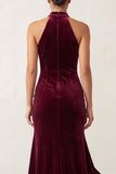 Burgundy High Neck Velvet Mermaid High Low Beaded Long Holiday Party Dress with Ruffled Slit