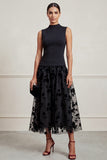 Black High Neck A-Line Floral Printed Tulle Midi Formal Dress