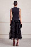 Black High Neck A-Line Floral Printed Tulle Midi Formal Dress
