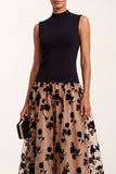 Black High Neck A-Line Floral Printed Tulle Midi Formal Dress