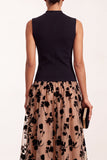 Black High Neck A-Line Floral Printed Tulle Midi Formal Dress