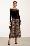 Black Champagne Velvet A-Line Off the Shoulder Ruched Tulle Long Sleeves Midi Wedding Guest Dress