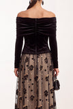Black Champagne Velvet A-Line Off the Shoulder Ruched Tulle Long Sleeves Midi Wedding Guest Dress
