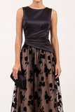 Black A-Line Bateau Neck Satin Ruched Floral Long Formal Dress