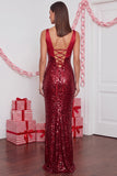 Sparkly Red Sequins Mermaid Satin V-Neck Long Holiday Party Dress