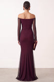 Red Mermaid Off the Shoulder Sheer Mesh Long Sleeves Long Formal Dress