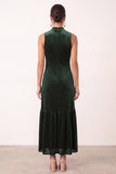 Dark Green Velvet A-Line High Neck Ruffled Midi Holiday Party Dress with Beading