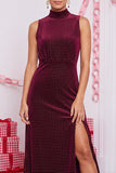 Burgundy Velvet Sheath High Neck Beaded Midi Holiday Party Dress with Slit