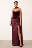 Burgundy Velvet Sequins Sheath Strapless Long Holiday Party Dress with Chiffon Draping