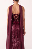 Burgundy Velvet Sequins Sheath Strapless Long Holiday Party Dress with Chiffon Draping