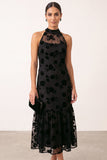 Black A-Line Halter Floral Illusion Tulle Midi Wedding Guest Dress