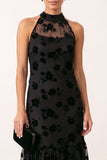 Black A-Line Halter Floral Illusion Tulle Midi Wedding Guest Dress