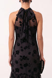 Black A-Line Halter Floral Illusion Tulle Midi Wedding Guest Dress