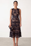 Black A-Line Round Neck Embroidery Satin Midi Floral Dress