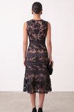Black A-Line Round Neck Embroidery Satin Midi Floral Dress