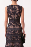 Black A-Line Round Neck Embroidery Satin Midi Floral Dress