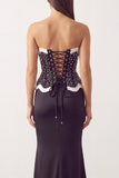 Black White Satin Mermaid Pearls Strapless Long Formal Dress with Slit