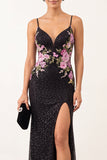Black Sheath Floral Beaded Spaghetti Straps Long Formal Dress with Slit