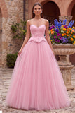 Pink A-Line Tulle Embroidery Beaded Strapless Long Prom Dress